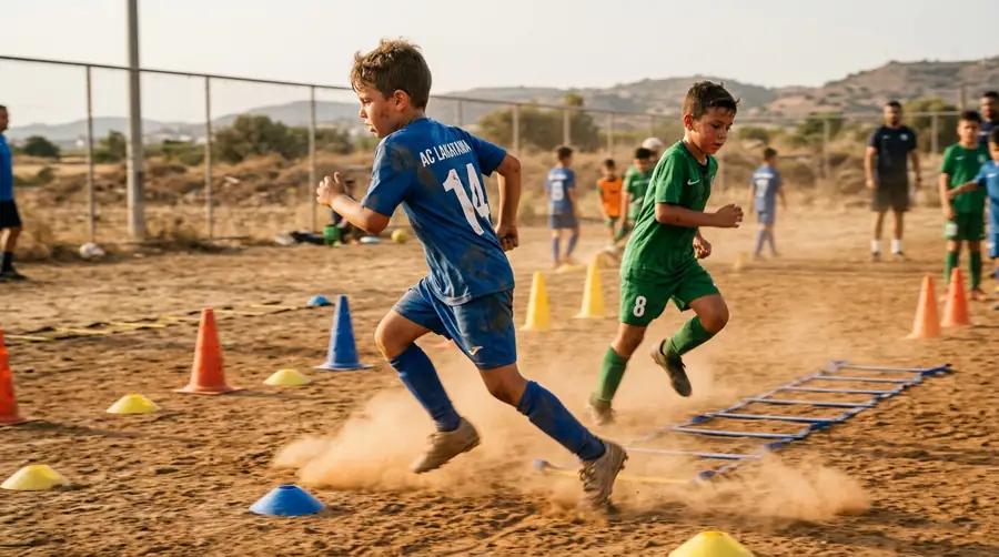 Children sprinting during football drills