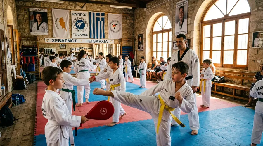 Young students practicing taekwondo